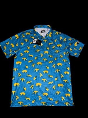 Waggle NWT Mens Blue Yellow Bears Performance Short Sleeve Polo Golf Size L