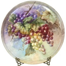 Antique T & V Tressemann & Vogt Limoges France Grapes Painted 13.5" Round Tray