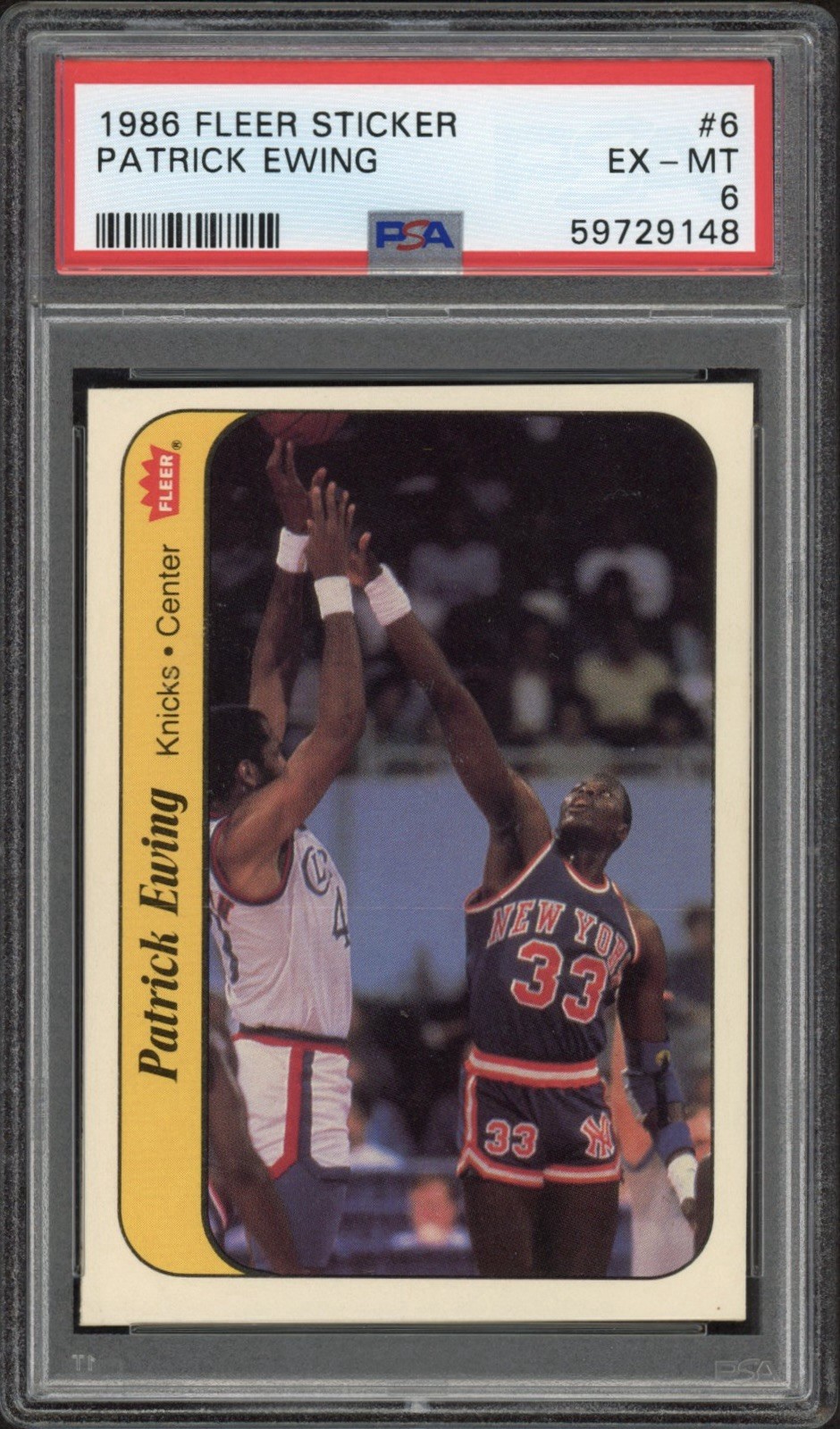 1986 Fleer Sticker Patrick Ewing Rookie RC #6 PSA 6 EX-MT HOF Knicks