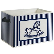Blue Rocking Horse Nursery Storage Basket with Handles, Kids Playroom Striped...