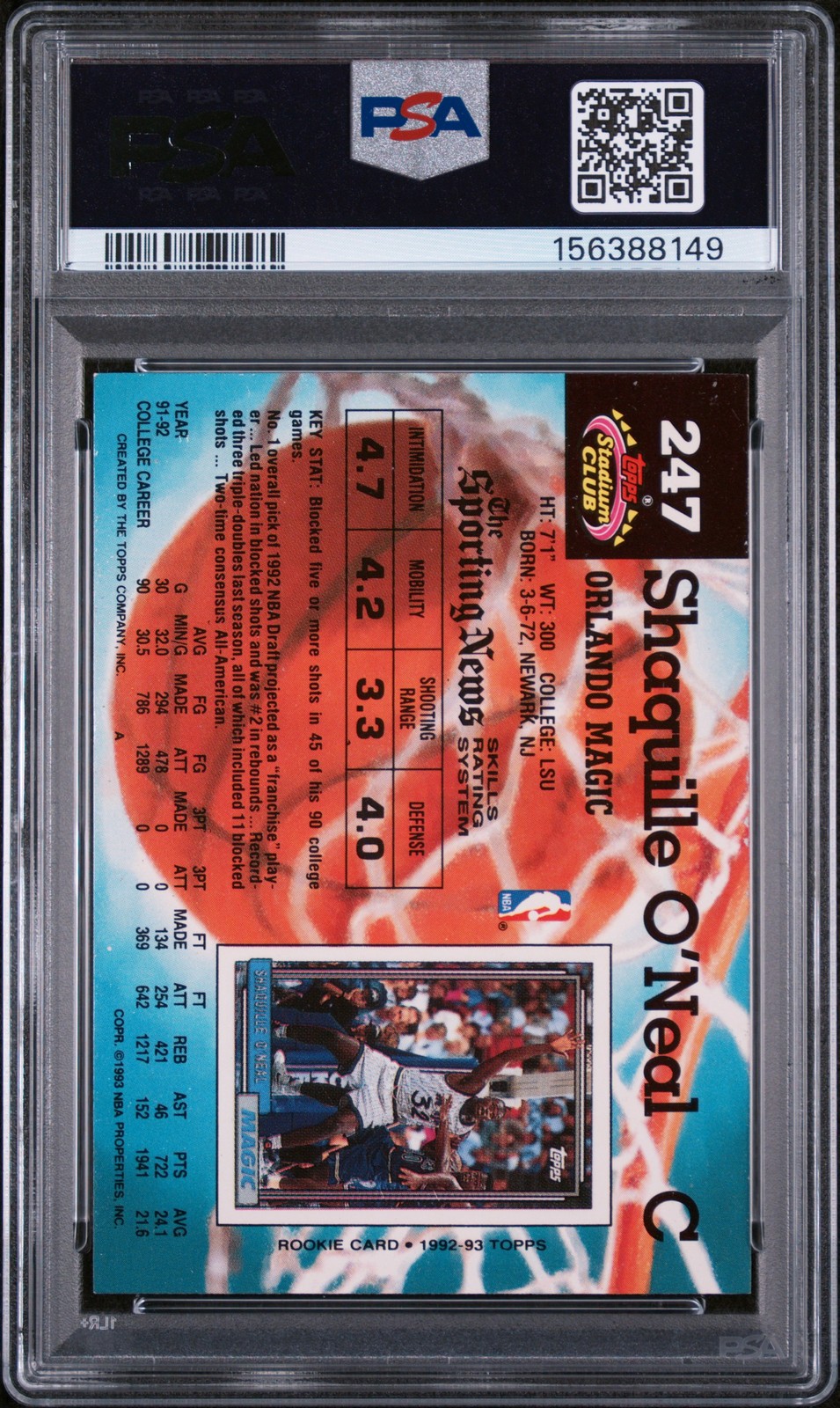 1992 STADIUM CLUB MEMBERS ONLY #247 SHAQUILLE O'NEAL ROOKIE RC PSA 6 view 2