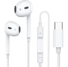 USB-C In-Ear Earbuds with Volume Control, Microphone, Hi-Fi Stereo Sound, White