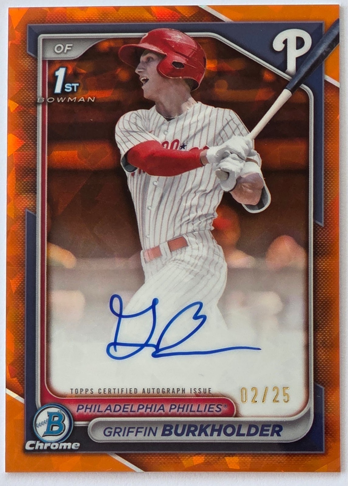 Griffin Burkholder 2024 Bowman Draft Sapphire Orange AUTO 1st Bowman #02/25