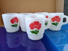 Vintage Anchor Hocking Fire King Red Poppy Flower  Milk Glass Mug 5 Total 
