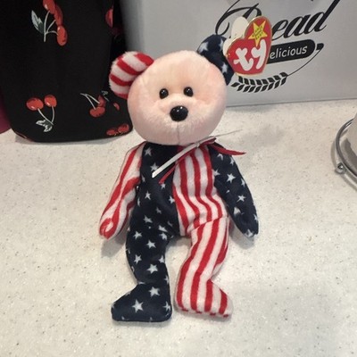 Ty Beanie Babies Spangle Bear Red White Blue Stars Stripes 1999 error 