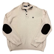 Chaps Knit Jumper Mens XL Beige Button Neck Elbow Patch Cotton Sweater