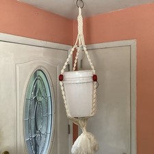 Vintage White Macrame Plant Hanger Planter 50&rdquo; Long With Red Wood Beads,Tassel