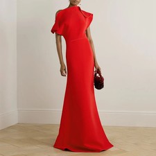 Red One Shoulder Mermaid Evening Gown Long Sleeved Front Slit Satin Ball Dress