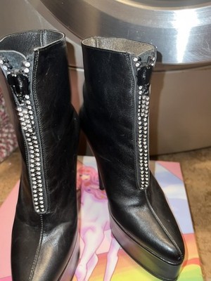 Orig$360  Pointed platform High Heels Leather crystal zipper Ankle Boots SZ 6