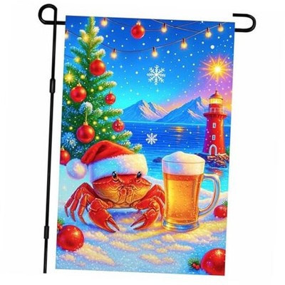 Christmas Garden Flag Crab With Santa Hat Lighthouse Christmas Snow Crab Beer