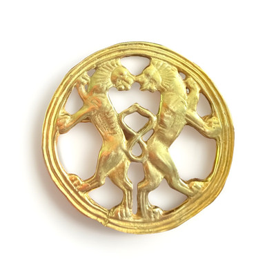 Museum Reproductions Achaemenid Double Rampant Lions Brooch Gold Tone Heraldic
