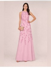 Adrianna Papell Pink Beaded Gown Sz 12 NWT Floral Sequin Formal Dress GALA MOB
