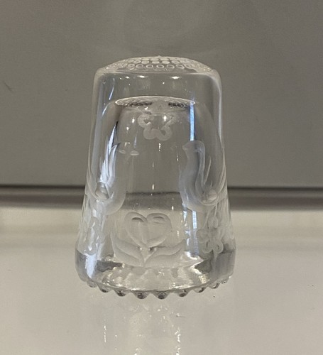 Vintage Clear Crystal Glass Etched Wedding Bells Dove Sewing Thimble
