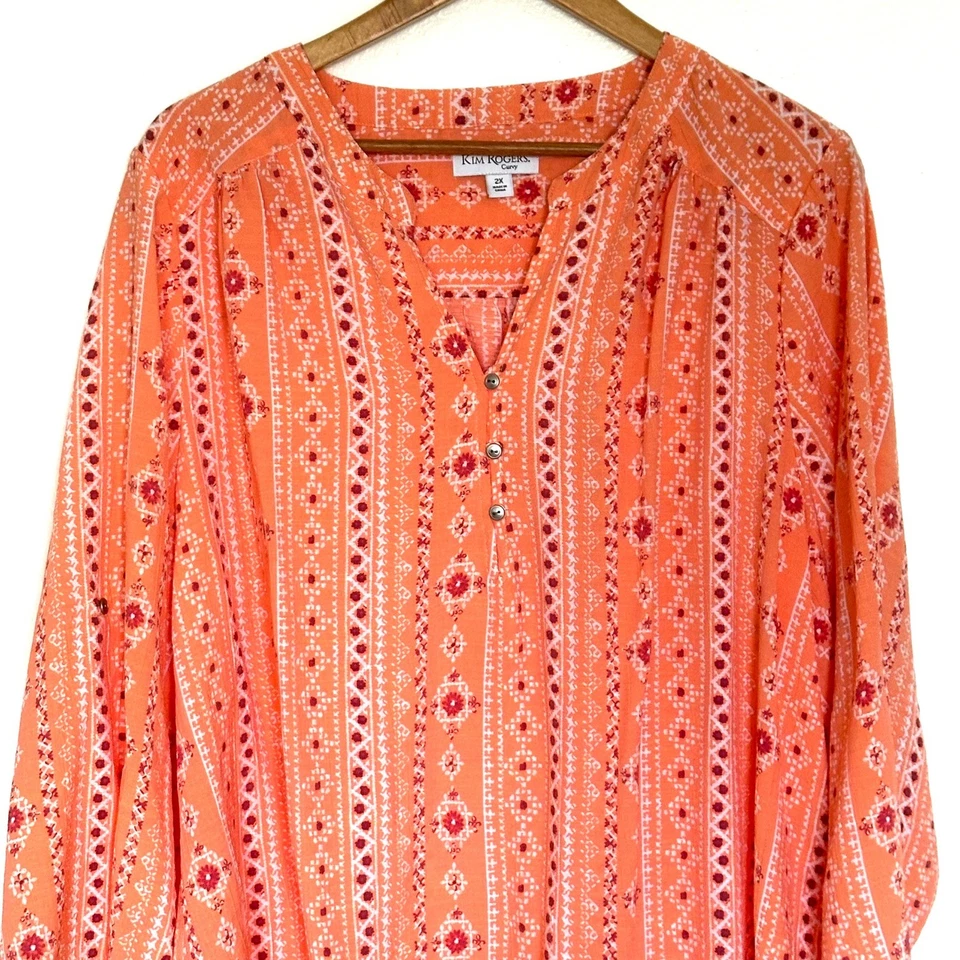 Kim Rogers Túnica Curvy Para Mujer 2X Naranja Floral Manga 3/4 Camisa Ligera Top Foto 3 de 4
