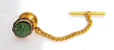 Simmons Vtg Gold Filled Green Agate Tie Tac Pin With Safety Chain And Bar
