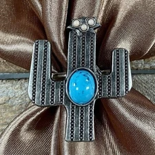 Antiqued Silver Turquoise Cactus Western Scarf Slide or Tee Clip