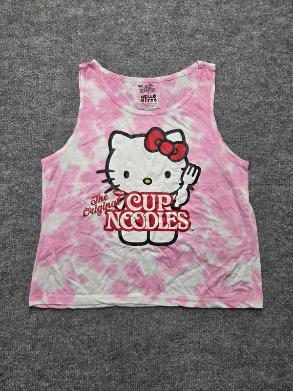 Hello Kitty Cup Noodles Girls Tank Top Sz L Pink Tie Dye Sleeveless Graphic Tee