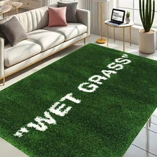 Wet Grass Rug, Nature Inspired Carpet, Green Textured Floor Mat, Not Plush Rug