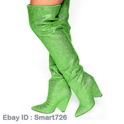 Women's All Rhinestone Decor Pointed Toe Pull on High Heels Over The Knee Boots