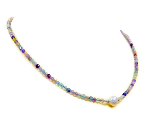 Gemstone Fluorite Necklace 925 Silver Facetted Ø0 1/8in With A Freshwater Pearl - Picture 4 of 4