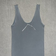 Cottagecore Dusty Blue Stretchy Mini Bodycon Dress White Ribbon Detail Sz Xs/S