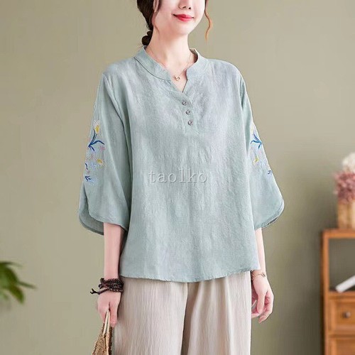 Women 3/4 Sleeve T Shirt Floral Embroidery Cotton Linen Blend Top Loose Fit Thin - Picture 21 of 27