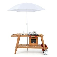Kids Pretend Play Cooking Play Wooden Play Cart Gift Kids w/Sun Proof Umbrella