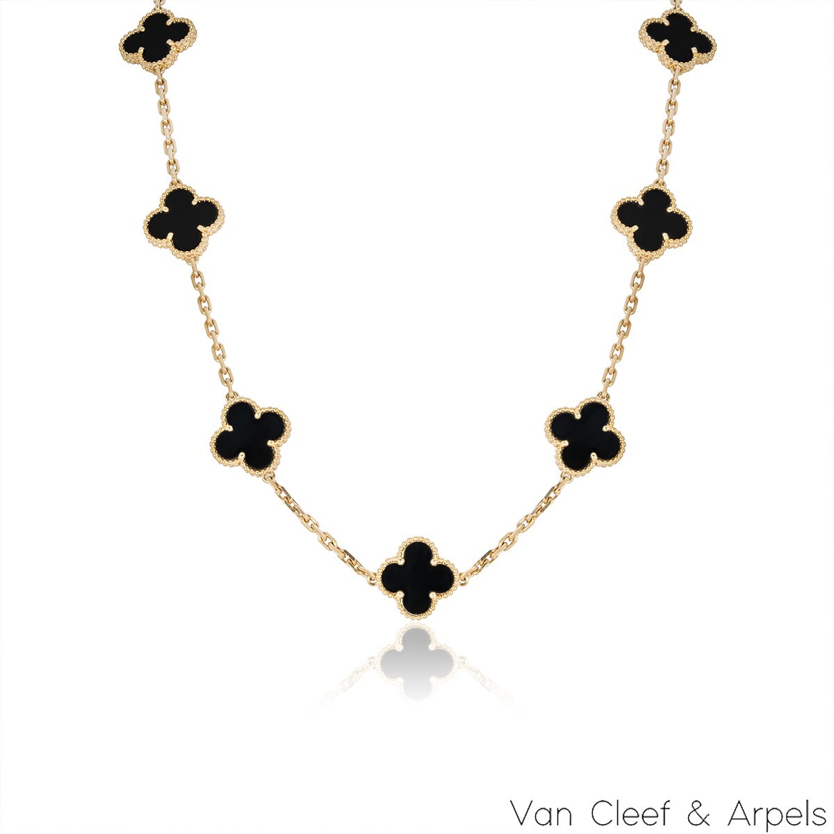 Van Cleef & Arpels Yellow Gold Onyx Vintage Alhambra 10 Motif Necklace VCARA4270