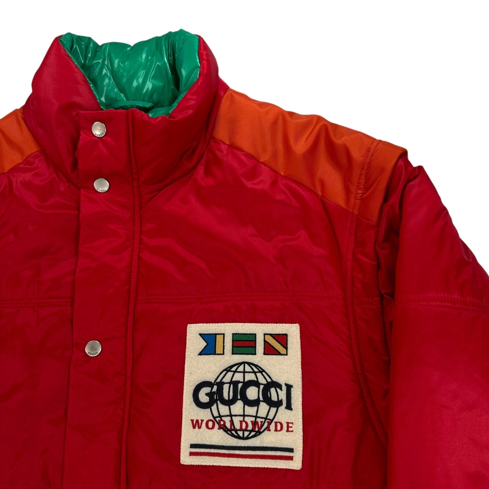 Gucci Taglia L Rosso Gucci Worldwide Piumino Giacca Verde Foderato Bandiere Bottoni