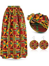 Women's Long Maxi Cotton African Skirt Ankara Print Matching Headwrap Earring