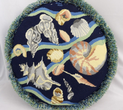 Vtg NEEDLEPOINT 17" Round PILLOW Blue Velvet CUSHION Seashell Sighned - Picture 2 of 7
