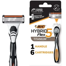 BIC Flex 5Blade Hybrid Disposable Razors for Men, 1 Handle and 6 Cartridges