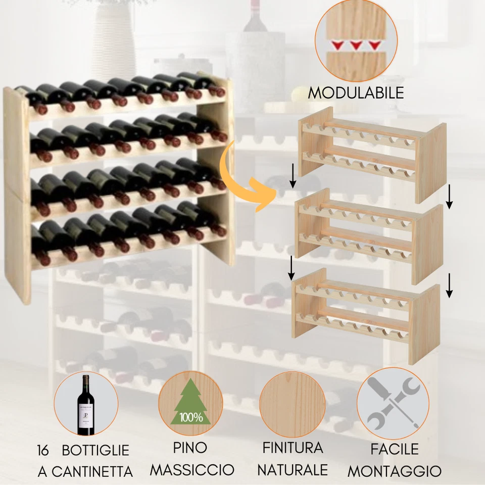 CANTINETTA PORTABOTTIGLIE 16 POSTI PORTA BOTTIGLIE VINO KIT MODULO IN LEGNO  - Immagine 3 di 4