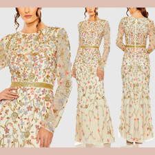 NWT $598 MAC DUGGAL [ 16 ] 6016 Long Sleeve Embellished Mesh Gown in Nude J1782