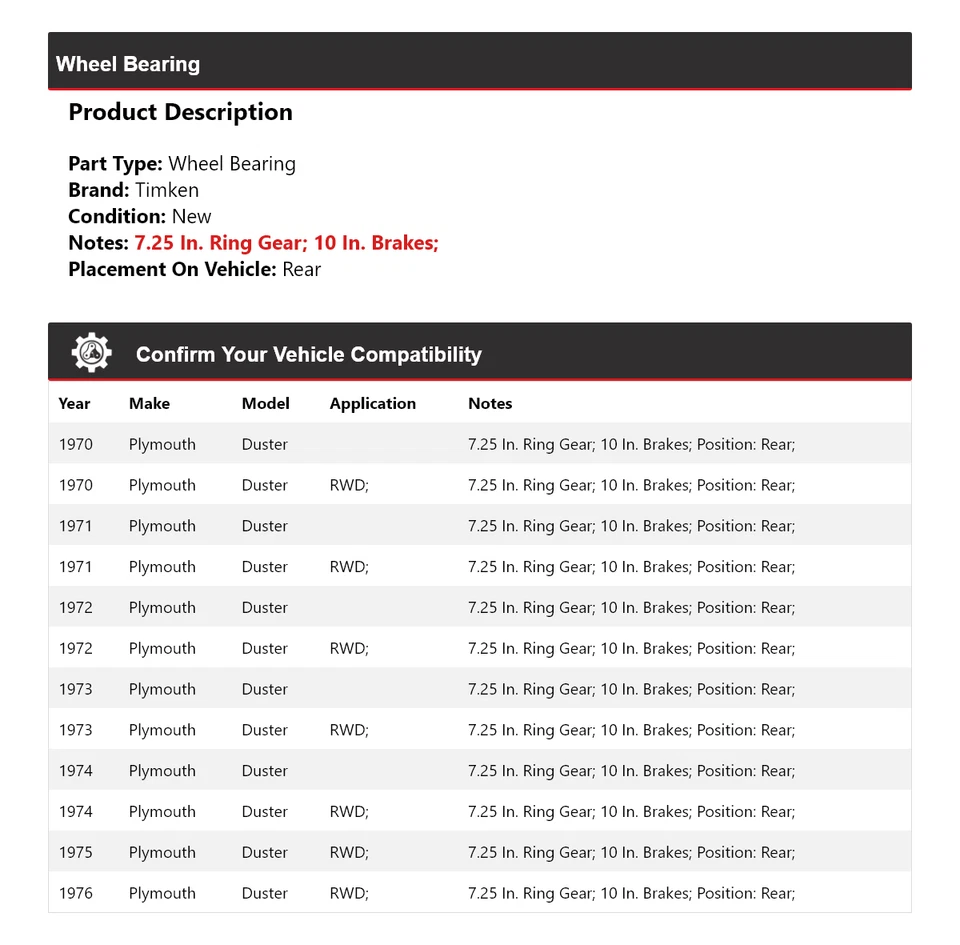 Cojinete de rueda trasero Timken 1971 1972 1973 1974 1975 para Plymouth Duster 1970-1976 Foto 2 de 4