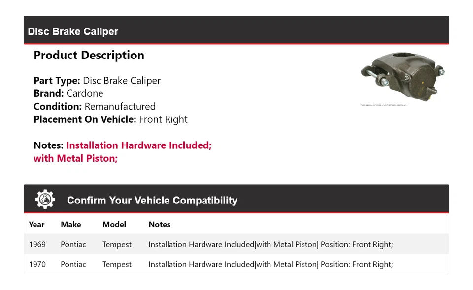Pinza de freno de disco delantera derecha Cardone para Pontiac Tempest 1969-1970 Foto 2 de 4