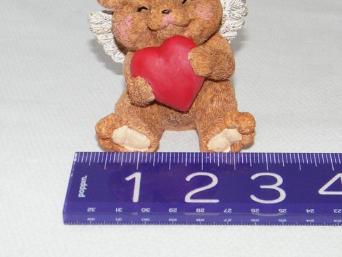 New . Ceramic Blushing Brown Angel / Valentine Bear w/ Wings & Hugging Red Heart - Picture 6 of 7