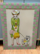 GLAM 2D Pop Art Wall Sculpture Whimsical Woman Walking Westie Metal & Glass