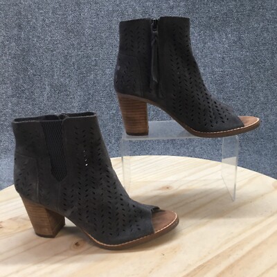 Toms Boots Womens 6 Cut Out Ankle Booties Gray Suede Peep Toe Block Heels Zip Up