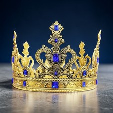 Vintage gold crown, blue stone crown, cosplay headdress, birthday party crown