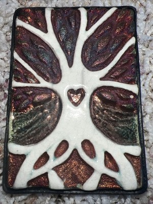 Jeremy Diller Raku Potteryworks Square Wall Hanging Tile Tree Heart Signed W Tag