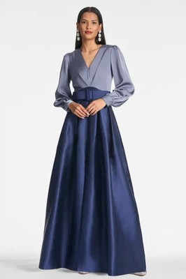 Sachin & Babi Grey Night Blue Zoe Long Sleeve Mikado Gown Size 14 $895 Less Belt
