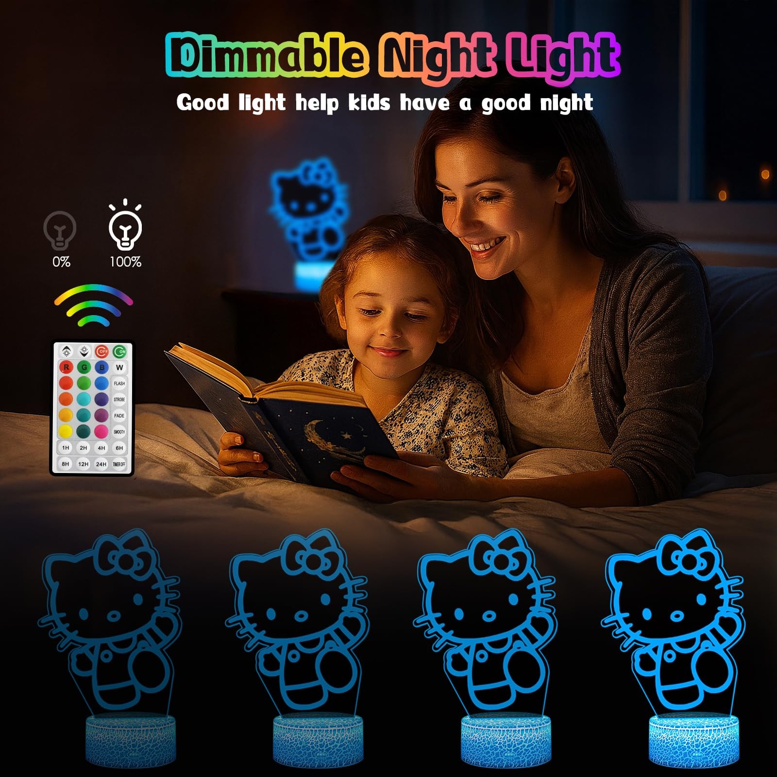 Eygerur Kitty Night Light 3D - Lampada LED da Comodino con Touch - 3