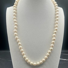 Vintage Plastic Pearl Beaded Necklace Faux Ivory Pearls Gold Tone Clasp Jewelry