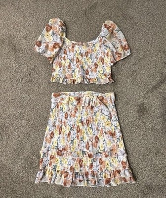 Willow Root Floral Ruffle Multicolor Top & Skirt Set Women s Size M