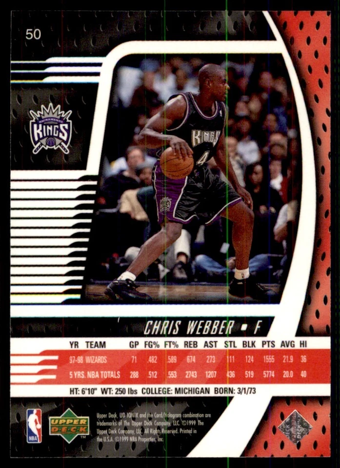 1998-99 Upper Deck Ionix Chris Webber Sacramento Kings #50 - Image 2 of 2
