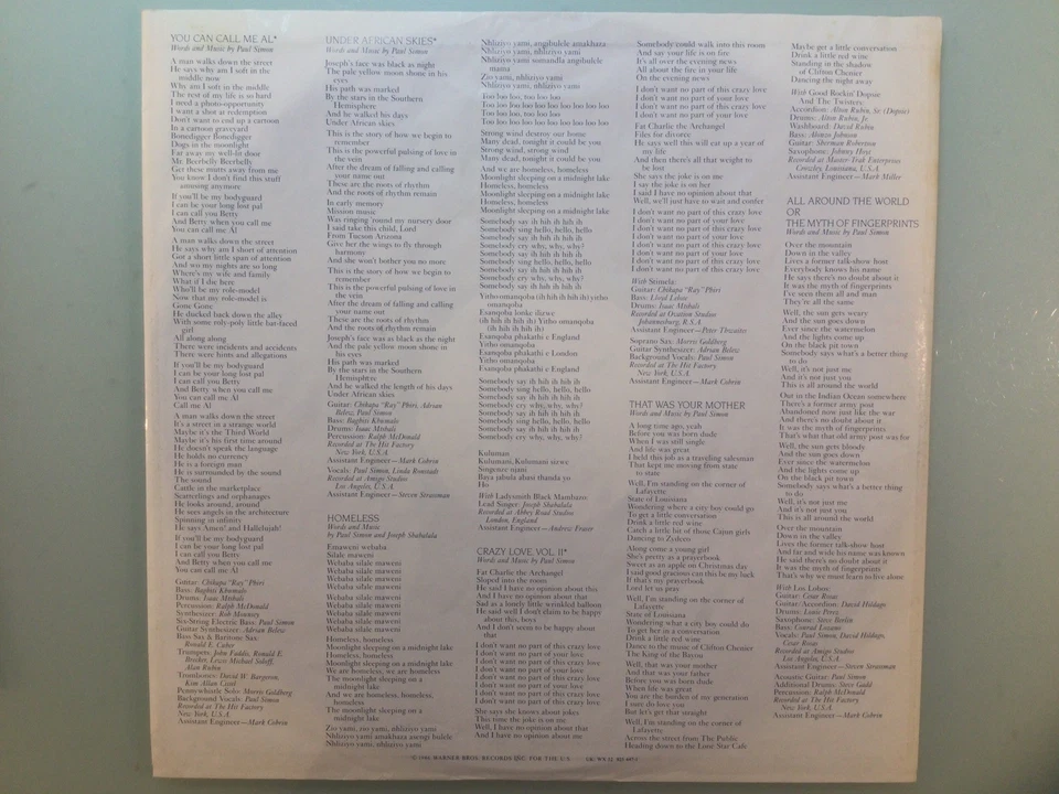 PAUL SIMON - GRACELAND / ROCK POP VINYL LP 1986 / EMBOSSED COVER/ OIS / 925447-1 - Bild 4 von 4