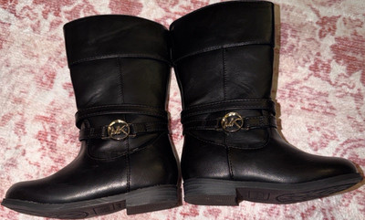 Michael Kors Girls Black Mid-Calf Boots Logo Zipper Non-Slip Flat Heel Round Toe