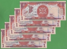 Lot 5 Consecutive Trinidad And Tobago 1 Dollar 2006 Uncirculated Banknotes P-46A