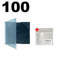 100 SLIM Black CD Jewel Cases & 100 OPP Plastic Wrap Bag